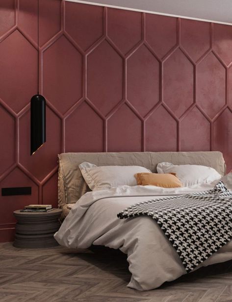 OM Architecture have designed an apartment in Kiev, Ukraine, that features a bold deep red accent wall in the bedroom. Moldings were used to create the pattern, while a single color helps to create a dramatic feature wall. #AccentWall #FeatureWall #Pattern #Bedroom #ModernBedroom #DeepRed Dusty Pink Bedroom, Ruangan Studio, Red Accent Wall, Pink Bedroom Walls, Dekorasi Kamar Tidur, Bedroom Accent, Accent Wall Bedroom, Wall Molding, Pink Bedroom