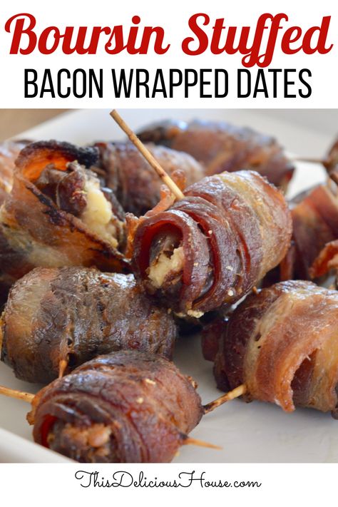 Bacon Wrapped Dates stuffed with Boursin cheese! Just 3 ingredients to make these incredibly flavorful bacon wrapped dates, the perfect party appetizer! #baconwrappedates #boursincheese Bacon Dates, Bacon Wrapped Appetizers, Wrapped Dates, Stuffed Dates, Bacon Wrapped Dates, Make Ahead Appetizers, Bacon Appetizers, Italian Appetizers, Cheese Balls