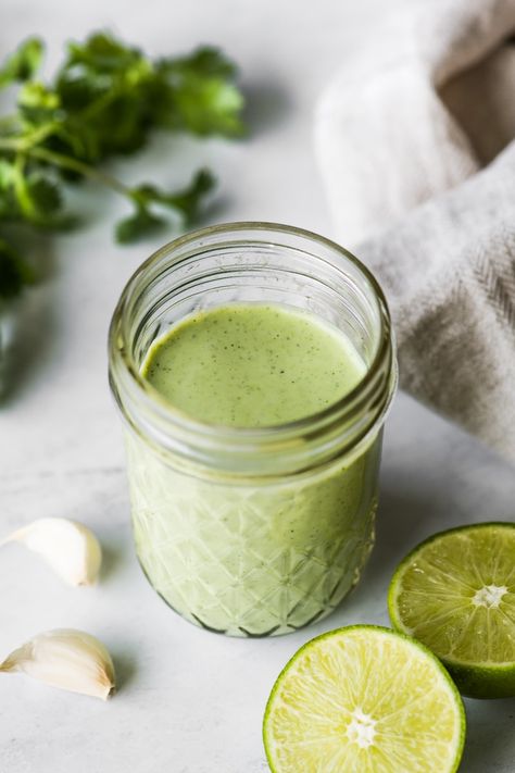 This Cilantro Lime Dressing is made with only 6 ingredients and is the perfect blend of tangy and creamy that's delicious drizzled on salads, tacos, burrito bowls and grilled meats! Healthy Enchiladas, Avocado Dressing Recipe, Avocado Cilantro Dressing, Creamy Jalapeno Sauce, Enchiladas Healthy, Vegan Enchiladas, Jalapeno Sauce, Soy Curls, Cilantro Dressing