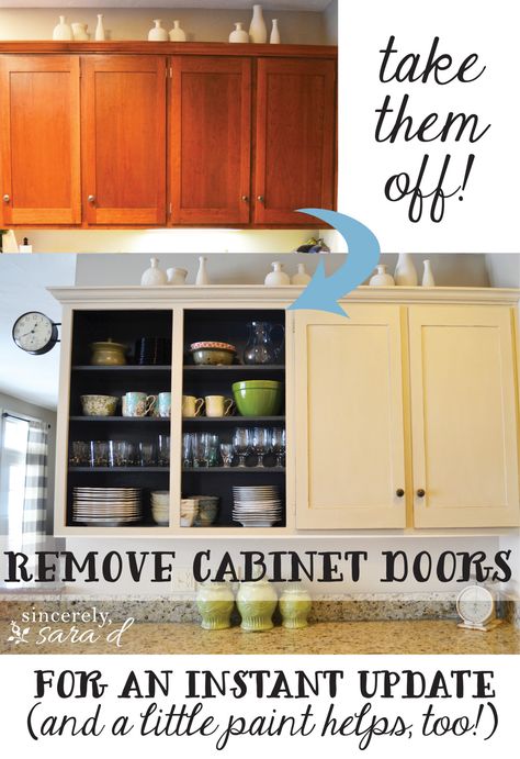 Take off your kitchen cabinet doors - a free (!!) and easy update! Remove Cabinet Doors, How To Remove Kitchen Cabinets, Kitchen Cabinet Shelves, Update Kitchen Cabinets, Beautiful Kitchen Cabinets, Old Kitchen Cabinets, Cleaning Painted Walls, Kitchen Cabinet Door, Kitchen Cabinet Doors