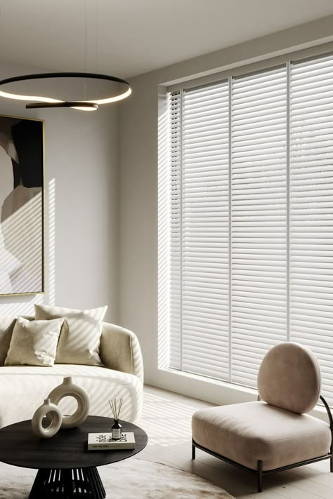 Off white real wood blinds with tapes in lounge Venetian Blinds Living Room, Wooden Blinds Living Room, Minimalist Blinds, Blind Inspiration, Blinds Diy, Blinds For Windows Living Rooms, White Blinds, Modern Blinds, Living Room Blinds