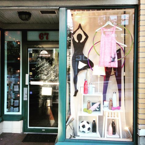 Yoga Fitness Themed Window Display Dance Window Display, Dance Studio Window Display, Themed Window Display, Retail Display Ideas, Yoga Calm, Display Visual Merchandising, Window Paint, Shop Work Bench, Shop House Plans