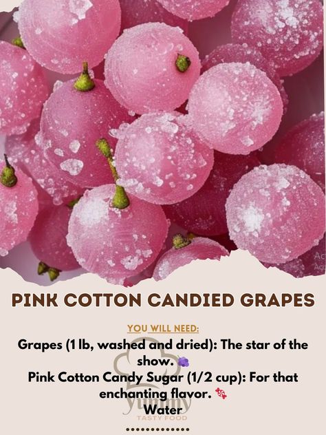 Sweeten your day with Pink Cotton Candied Grapes! 🍇🍭 A magical treat that's both easy and delightful. #SweetSnack #MagicalMunchies Pink Cotton Candied Grapes Recipe 🎀🍇 Ingredients: Grapes (1 lb, washed and dried): The star of the show. 🍇 Pink Cotton Candy Sugar (1/2 cup): For that enchanting flavor. 🍬 Water (to dampen grapes): Helps the sugar stick. 💦 Instructions: Prep Grapes: Ensure grapes are thoroughly washed and dried. 🚿 Dampen: Lightly wet the grapes with water. 💧 Coat: Roll grapes i... Baking With Grapes, Cotton Candy Recipes, Grapes Recipes, Cotton Candy Recipe, Candied Grapes Recipe, Candied Fruit Recipes, Candied Grapes, Flavor Water, Fairytale Food