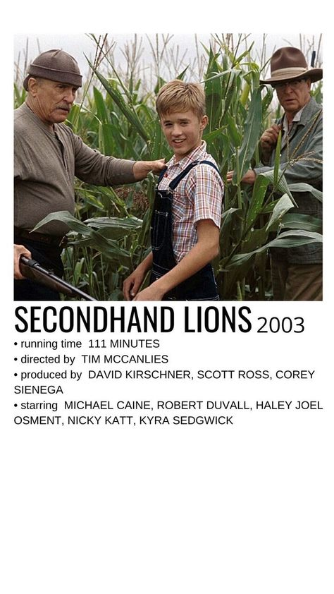 Second Hand Lions, Lion Movie, Secondhand Lions, Haley Joel Osment, Movie Nerd, Movie Card, Lion Poster, Robert Duvall, Film Watch