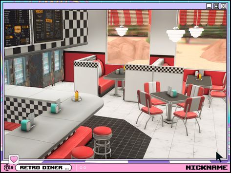 Sims 4 Diner, 50s Furniture, Diner Booth, Cc Patreon, Bar Ceilings, Inside Art, Brick Fence, Mid Century Modern Bedroom, Retro Diner