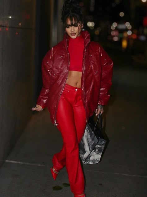 All Red Leather Outfit, Red Leather Dress Outfit, Red Outfits Black Women, Leather Dress Outfit, Red Leather Dress, Star Outfit, Outfits Black Women, Ancient Babylon, Red Outfits