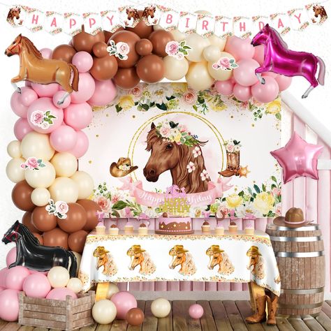 PRICES MAY VARY. 🐴 SOFT AND ELEGANT PINK HORSE PARTY – Your girl is very much in horses? The horse will be one of the perfect themes to celebrate her birthday. The horse with floral patterns creates a soft and elegant vibe. The striking western-styled decorations also give this party a distinctive and wild feeling. Your girl would love this amazing pink horse party. 🎀 HORSE PARTY DECORATIONS FOR GIRL INCLUDES - 70 x 12’’ latex balloons | 30 x 5’’ latex balloons | 3 x 27’’ horse foil balloons | Horse First Birthday Party, Girl Horse Party, Girl Horse Birthday Party, Horse Themed Birthday Party, Cowgirl Birthday Party Ideas, Backdrop Balloon Garland, Themed Birthday Decorations, Horse Party Decorations, Horse Birthday Party