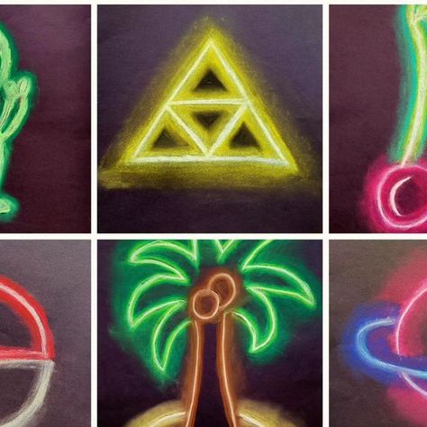 PaletteofRainbows on Instagram: "Here are some cool "neon lights," which seemed to have made its comeback! These were done using chalk pastels, but this project can also be done using paint or oil pastels!  . . . . #artwithkids #kidsart #kidsartwork #kidsartproject #artlesson #artproject #elementaryartteacher #middleschoolart #elementaryart #artteachersofig #artteachersofinstagram #artclass #artteacher #neonart #neonsign #neon #paletteofrainbows" Oil Pastel Art For Elementary School, Chalk Pastel Neon Sign, Light Themed Art Projects, Chalk Pastel Elementary Art, Neon Art Lesson, Neon Oil Pastel Art, Simple Elementary Art Projects, Chalk Pastels Art Ideas, Neon Art Projects For Kids