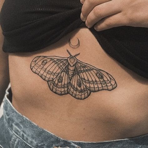 Moth Tattoo On Sternum, Moth On Sternum, Imperial Moth Tattoo, Moth Tattoo Ribs, Moth Tatoos Ideas, Moth With Moon Tattoo, Moth Tattoo Women, Sternum Moth Tattoo, Sternum Tattoo Moth