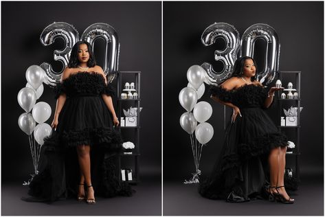 Black And Silver Birthday Photoshoot, Birthday Shoots Ideas For Black Women, 50 Birthday Photo Shoot Ideas, Black And White Birthday Photoshoot, Birthday Shoot Ideas For Women Black, 30th Birthday Photo Shoot, 30th Birthday Shoot, Birthday Photo Shoot Ideas, Birthday Photo Shoot