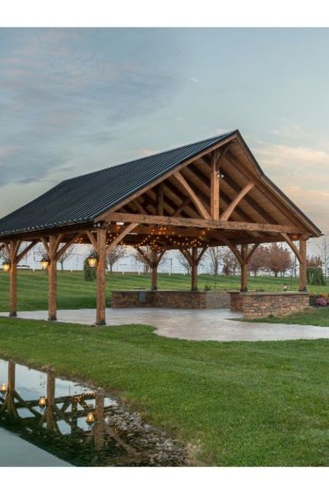 Gallery Wall Lighting, Outdoor Pavillion, Timber Frame Pavilion, Event Venue Spaces, Pavilion Plans, Patio Grill, Timber Frames, Timber Frame Construction, Carport Designs