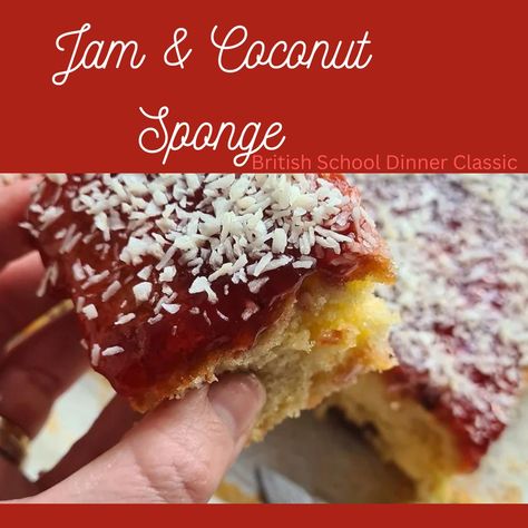 This delicious Jam and Coconut Sponge is a British school dinner classic dessert. This is full of nostalgia. It is the perfect cake for an afternoon tea, or just as a treat to yourself! You've earned it! Jam Coconut Sponge, Coconut Jam, School Dinners, Classic Cake, Classic Desserts, Perfect Cake, Afternoon Tea, Jam, Cake Recipes