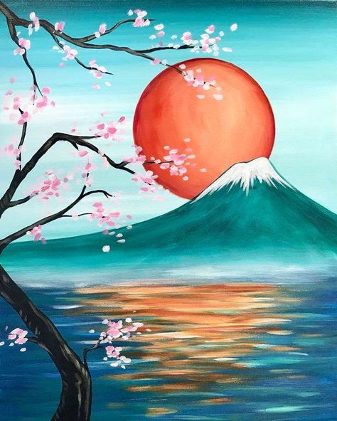 Painting Parties & Classes in Fort Collins - Paint & Sip Events Lukisan Van Gogh, Japanese Rising Sun, Easy Landscape Paintings, Sunrise Painting, Mountain Landscape Painting, Easy Canvas Painting, Seni Origami, Seni Cat Air, Simple Acrylic Paintings