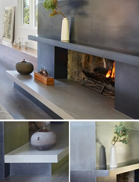 Concrete Hearth Fireplace, Blackened Steel Fireplace, Steel Fireplace Surround, Updated Mid Century Modern, Modern Fireplace Surround, Concrete Hearth, Mid Century Modern Fireplace, Fireplace Modern Design, Contemporary Fireplace Designs