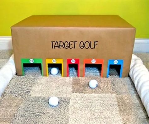 DIY mini golf set Home Games For Kids, School Carnival Games, Diy Carnival Games, Fall Party Games, Diy Cardboard Toys, Carnival Games For Kids, Indoor Games For Kids, Outdoor Games For Kids, Target Practice