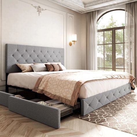 Arrives by Sat, Mar 9 Buy Allewie Light Grey King Platform Bed Frame with 4 Drawers Storage and Diamond Stitched Button Tufted Upholstered Headboard at Walmart.com Tufted Bed Frame, Tufted Platform Bed, King Furniture, Headboard Upholstered, Cama King Size, Lit King Size, Wingback Bed, King Platform Bed, Tufted Bed