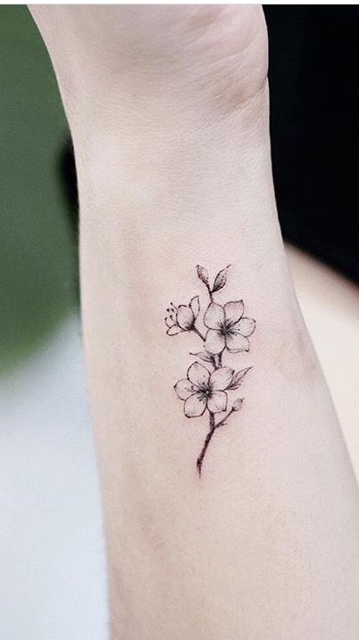 Cherry Blossom Small Tattoo, Sakura Tattoo Black And White, Dainty Cherry Blossom Tattoo, Black And White Cherry Blossom Tattoo, Cherry Blossom Tattoo Black And White, Simple Cherry Blossom Tattoo, Blossom Tattoos For Women, Cherry Blossom Wrist Tattoo, Almond Blossom Tattoo