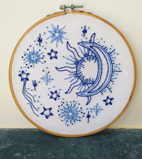 Hand Embroidery Clouds, Sun Moon Embroidery, Cosmic Embroidery, Indie Embroidery, Spiritual Embroidery, Witch Apron, Motif Sulam, Sun And Moon Embroidery, Astrology Embroidery