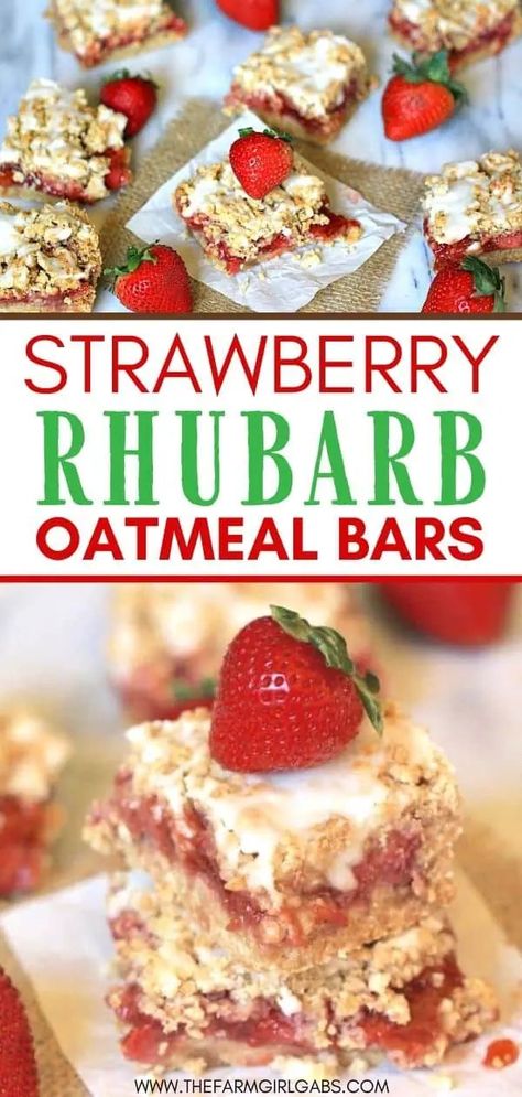 These Strawberry Rhubarb Oatmeal Bars are the perfect spring dessert! Strawberries and rhubarb pair perfectly in this easy bar recipe. This strawberry rhubarb bar recipe has a delicious oatmeal cookie topping. Strawberry Rhubarb Oatmeal, Rhubarb Oatmeal Bars, Rhubarb Bars Recipes, Strawberry Rhubarb Bars, Strawberry Rhubarb Recipes, Rhubarb Oatmeal, Yummy Oatmeal, Rhubarb Bars, Oatmeal Bars Recipes