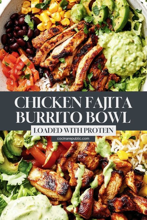 Chicken Fajita Burrito Bowls are perfect for a healthy, satisfying dinner! Packed with fajita chicken, fresh veggies, and cilantro lime rice, these bowls are a fresh twist on a classic fajita burrito. If you love burrito bowls and want a favorite dinner that’s easy to make and full of flavor, this is it! Great for meal prep, too! #ChickenFajitaBurrito #FajitaChicken #HealthyBowls #CilantroLimeRice Fajita Dinner Recipes, Dinners With Cilantro, Tuesday Lunch Ideas, Chicken Fajita Over Rice, Sheet Pan Chicken Burrito Bowls, Fajita Platter Ideas, Fajita Lunch Meal Prep, Fajita Chicken Burrito Bowl, Chicken Fajitas Rice Bowl