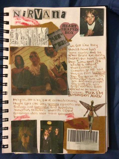 Journal Inspo Grunge, Nirvana Scrapbook, Grunge Journal Pages, Grunge Scrapbook Ideas, Messy Journal Aesthetic Grunge, Song Lyric Journal Pages, Edgy Scrapbook, Grunge Journal Cover, Grunge Journaling