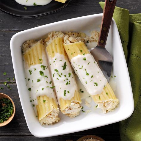 Crab-Stuffed Manicotti Crab Manicotti, Crab Stuffed Manicotti, Seafood Manicotti Recipe, Meat Stuffed Manicotti, Seafood Manicotti Recipe Stuffed Shells, Stuffed Manicotti Recipe Meat, Crab Stuffed Manicotti Alfredo, Chicken Manicotti, Italian Easter Recipes