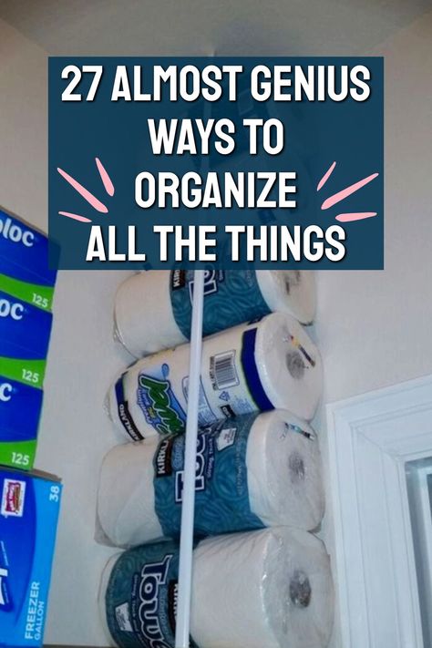 Love cheap storage and DIY organization ideas? Check out these 27 Almost Genius Ways To Organize ALL The Things In Your Home Extra Household Supplies Storage, Gift Storage Organization, Tiny Living Organization Ideas, Confetti Storage Ideas, Storage Seasonal Decor, Storeroom Organization Storage Ideas, Bathroom Toilet Paper Storage Baskets, Cheap Room Organizing Ideas, Diy Home Decor Storage