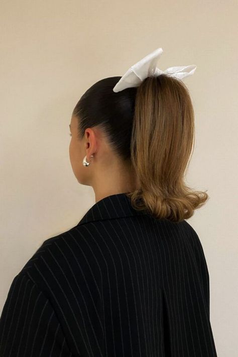 Barbie Ponytail With A Bow Cute Cheer Hairstyles With Bow, Cheer Hairstyles With Bows, Long Hair Half Updo, Cute Cheer Hairstyles, Ponytail With Bow, Hairstyles With Bows, Cheer Hairstyles, Bangs Updo, Pretty Ponytails