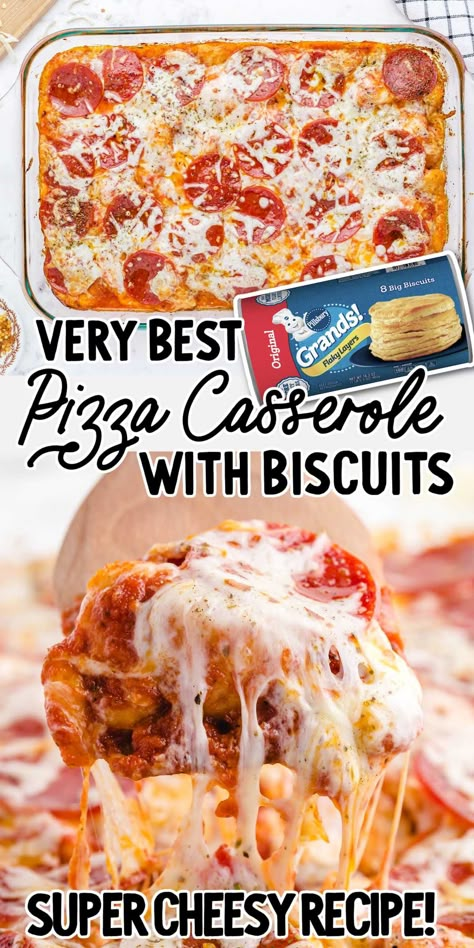 Pizza Casserole with Biscuits Recipe Ideas With Biscuits, Puff Pizza Casserole, Pizza Out Of Biscuits, Pizza Dishes Dinners, Pizza Recipes With Biscuit Dough, Buiscits Pizza Recipes, Pizza Casserole With Bisquick, Pepperoni Biscuit Recipes, Flaky Biscuits Recipes Dinners