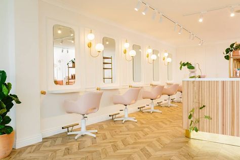 Salon design, salon stations, white salon, salon furniture, salon inspiration, salon decor, salon layout, salon chairs, hair salon design White Beauty Salon, Beauty Space, Hair Salon Design, Blow Dry Bar, Salon Stations, Beauty Salon Interior, Beauty Salon Decor, Wall Panelling, Aesthetic Clinic