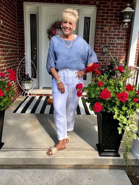 Costal Grandma Chic Yes, you read that right! Stylish Grandma, Denim Shirt Outfit Summer, Grandma Chic Fashion, Shirt Outfit Summer, Denim Shirt Outfit, Grandma Fashion, White Linen Pants, White Jeans Outfit, Winter Pants