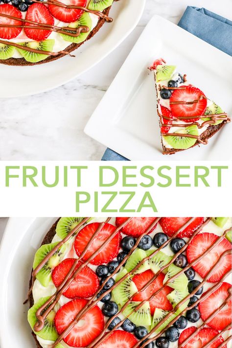 Our fruit dessert pizza has an amazing brownie crust that you will love! Get this easy fruit pizza recipe and whip it up this summer! #dessert #summer #fruit #chocolate Fruit Dessert Pizza, Dessert Fruit Pizza, Fruit Pizza Icing, Fruit Pizza Cups, Pizza Halloween, Fruit Pizza Frosting, Fruit Pizza Bar, Dessert Pizza Fruit, Brownie Crust