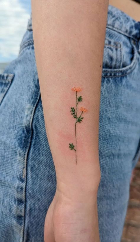 tattoo ideas, tattoo ideas for women, unique tattoo ideas, tattoo ideas for couples, simple tattoo ideas, small tattoos, tiny tattoo ideas Green Ink Tattoo Simple, Small Simple Color Tattoos, Floral Simple Tattoo, Fine Line Colour Tattoo, Small Plant Tattoos For Women, Orange Flowers Tattoo, Pressed Flower Tattoo, Small Orange Tattoo, Orange Ink Tattoo