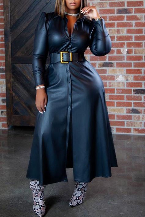 Plus Size PU Leather Casual Solid V Neck Long Sleeve Button Down Midi Dresses(No Belt) Long Sleeve Suit, Suit Type, Leather Style, Leather Dress, Midi Dresses, Look Fashion, Leather Fashion, Online Clothing, Leather Pants