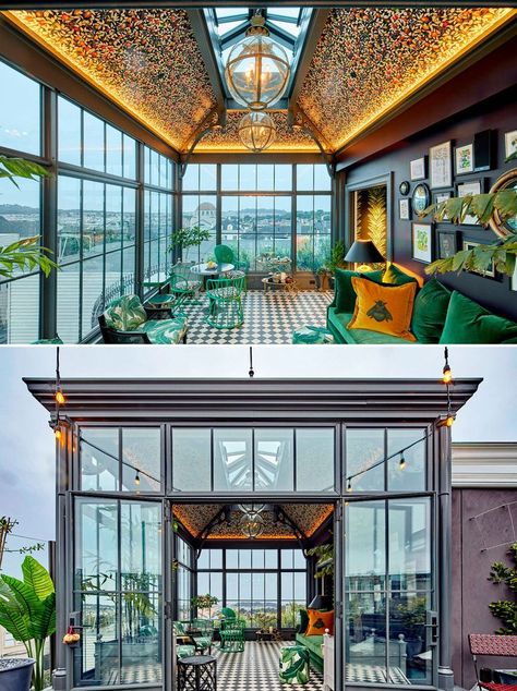 Rooftop Solarium, Rooftop Conservatory, Rooftop Glass House, Rooftop Sunroom, Roof Top Glass House Design, Glass Room On Rooftop, Glass Observatory Green Houses, Glass Room, Rooftop Deck