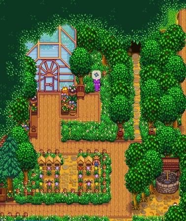 Farm Decor Stardew Valley, Beehive Setup Stardew Valley, Stardew Summer Crops, Greenhouse Ideas Stardew Valley, Aesthetic Stardew Valley Farm Layout, Stardew Valley Farm Layout Ideas, Stardew Workbench Layout, Stardew Valley Forest Farm Layout Ideas, Stardew Standard Farm