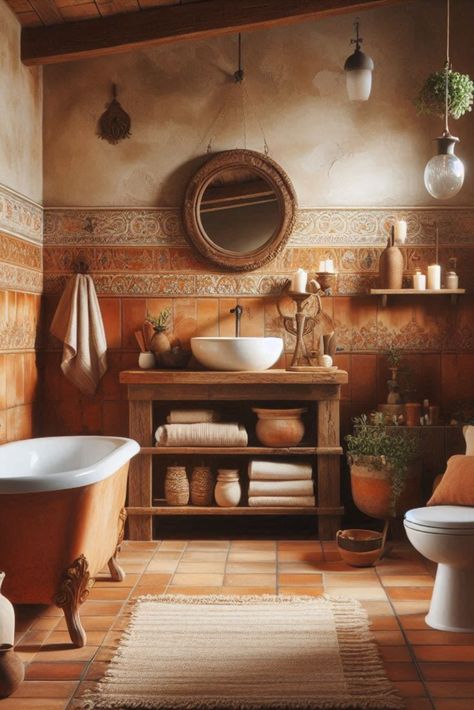 Bring Mediterranean warmth to your bathroom with this rustic terracotta and cream combination. Sun-kissed colors for a cozy retreat. #MediterraneanStyle #TerracottaBathroom Bathroom Ideas Terracotta, Spanish Inspired Bathroom, Burnt Orange Bathroom, Mediterranean Bathrooms, Spanish Style Bathrooms Mexico, Mexican Style Bathroom, Terracotta Bathroom, Vibe Bathroom, Spanish Style Bathrooms