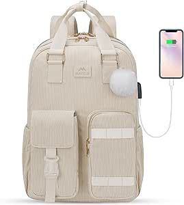 Backpack for Teens Girls, 15.6 Inch Cute Corduroy College School Computer Bookbag with USB Charging Port, TSA Lightweight Soft Travel Backpack Aesthetic Purse Bag for Women Nurse Teacher Work, Beige Aesthetic Purse, Backpack Aesthetic, College Girl Gifts, School Computers, Laptop Backpack Women, Aesthetic Backpack, Kawaii Backpack, Travel Laptop Backpack, Computer Backpack