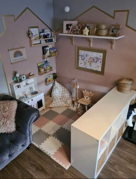 Inhome Daycare Setup, Inhome Daycare Setup Ideas, Playroom Ideas Small Space, Small Play Area, Play Area In Living Room, Daycare Setup, Kids Playroom Ideas, Stair Nook, Small Playroom