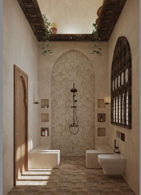 Riad Bathroom Moroccan Style, Hammam Style Bathroom, Moroccan Bathroom Design, Spanish Villa Decor, Bali Bathroom Interior Design, Moroccan Toilet, Bathroom Board And Batten, Mediterranean Shower, Outdoor Curtain Ideas