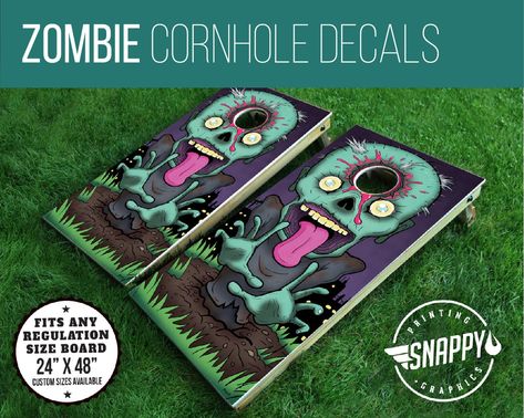 ZOMBIE HEADSHOT Original Illustration Cornhole Vinyl Decals, Bag Toss Board Wraps Add some spice to your favorite lawn game with these Zombie Headshot bags game board decals! Comes with application instructions and squigee :) Halloween Cornhole, Cornhole Board Decals, Cmyk Ink, Cornhole Boards Designs, Cornhole Board Wraps, Cornhole Decals, Cornhole Wraps, Bags Game, Bag Toss