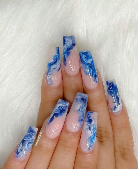 Blue Acrilyc Nails Design, Marble Nails Summer Vibes, Horrible Acrylic Nails, Full Colored Nails, All Nail Designs, Outgoing Nails, Acrylic Nail Inspo Medium Length Square, Blue Marble French Tip Nails, Blue Nailsdesign