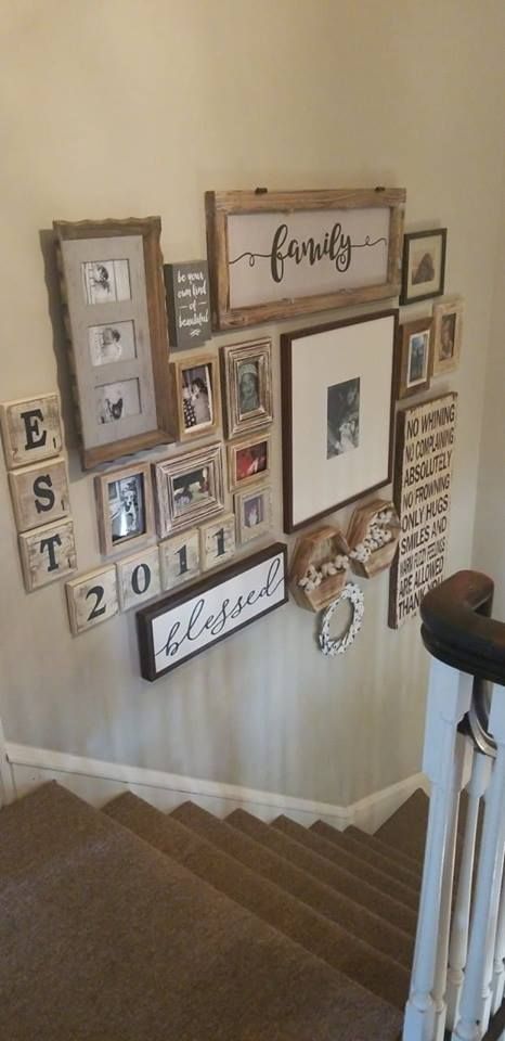 Decor Going Up The Stairs, Stair Wall Decorating Ideas, Above Stairs Decor, Hallway Gallery, Hallway Gallery Wall, Georgia House, Stair Wall, Picture Layouts, Stair Decor