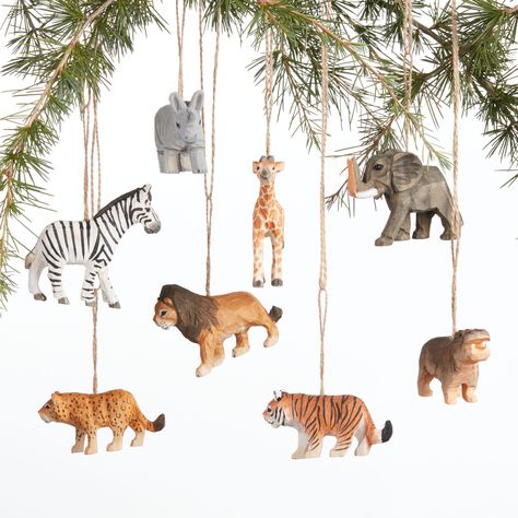 Carved Wood Animals of Africa Ornaments Set of 8 - World Market Safari Christmas, Animals Of Africa, Animal Ornaments, Rugs Outdoor, Unique Christmas Ornaments, Wood Animal, Safari Theme, Unique Ornament, Lion Tiger