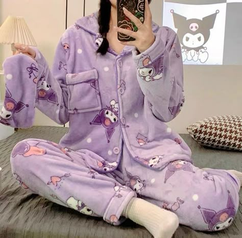 Kuromi Clothes, Kawaii Winter, Sanrio Clothes, Kawaii Pajamas, Womens Flannel Pajamas, Purple Pajamas, Kitty Clothes, Warm Pajamas, Hello Kitty Clothes