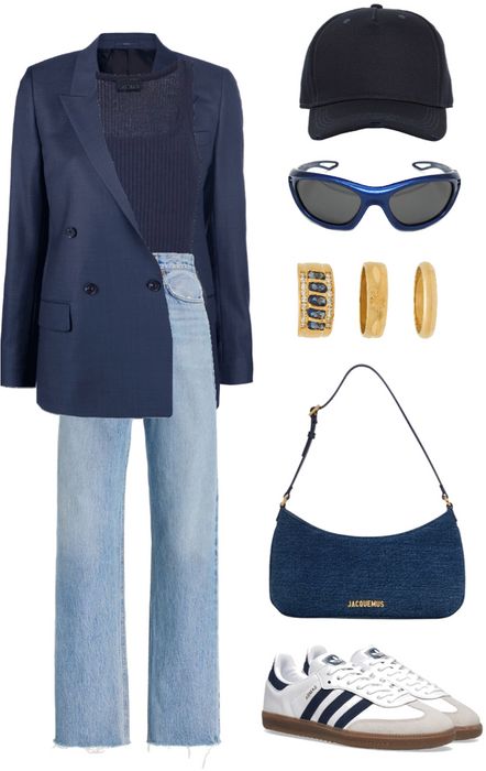 Outfit Inspiration: Navy Blue Navy Blue And Denim Outfits, Blue Leather Blazer Outfit, Navy Blue Streetwear Outfit, Navy Samba Outfit, Navy Blue Casual Outfit, Blue Jacket Outfit Women, Navy Blue Bag Outfit, Navy Blue Blazer Outfits For Women, Navy Samba