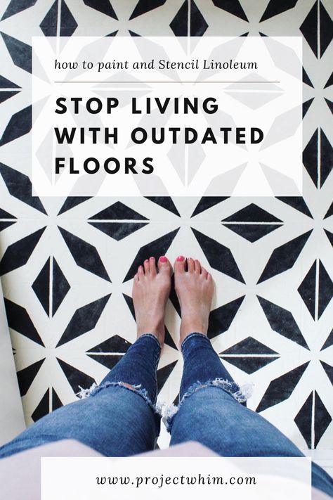 Easy and Inexpensive way to update your home.  How to paint linoleum floors.  How to update outdated flooring.  DIY Stenciled Floors.  Modern Pattern Floor Design. Home renovations. #flooring #diyhome #diyhomeimprovement #homerenovation #paintedfloortiles #stencils #diyhomeprojects #easyhomeremodel #homeimprovement Painting Sheet Vinyl Flooring, Floor Painting Designs, How To Paint Linoleum Floors, Painting Linoleum Floors Bathroom, Painted Linoleum Floor, Rustoleum Floor Paint, Painted Linoleum, Stenciled Floors, Painting Linoleum Floors