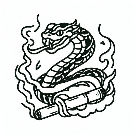 american traditional tattoo of a serpent wrapped around a smoldering cigarette, blank white background, outline only, 4K image quality American Traditional Outline, American Traditional Stencil, Blank White Background, Traditional Tattoo Outline, Serpent Tattoo, Evil Tattoos, Traditional Style Tattoo, Old Advertisements, American Traditional Tattoo