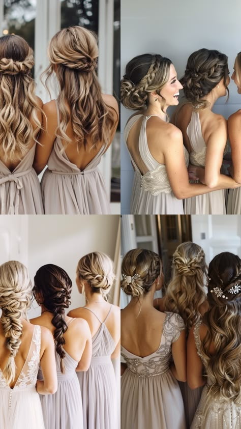 bridesmaids elegant and simple bridesmaid hairstyles Bridesmaid Diy Hairstyles, Long Wedding Hair Bridesmaid, All Up Bridesmaid Hair, Hairdos For Weddings Bridesmaid, Bridesmaid Hair For Windy Day, Open Back Bridesmaid Dress Hairstyles, Braidmaids Hairstyles Long Hair, Bridal Hairstyle For Medium Length Hair, Bridesmaid Hair Summer Wedding