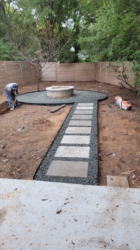 Black star gravel & charcoal leuder  pathway  firepit with  seating area in Austin TX Black Star Gravel, Beautiful Landscaping, Diy Backyard Patio, Underneath Hair, Outdoor Paradise, Backyard Renovations, Backyard Remodel, Fire Pit Area, Diy Backyard Landscaping